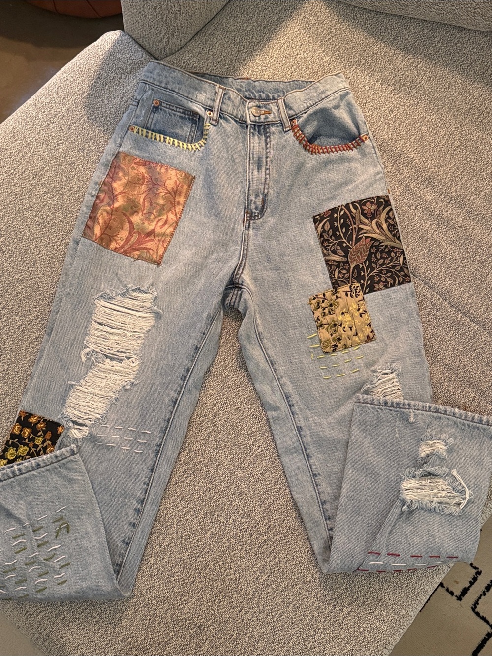 BDG Light Blue Distressed Patchwork Jeans with Decorative Stitches